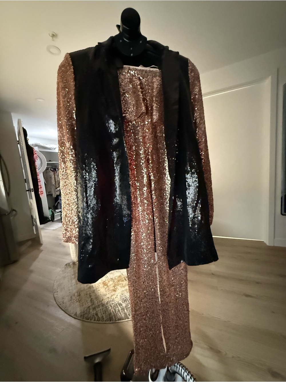 Nasty Gal Rose Gold Sequin Blazer with Black Satin Lapel Pant set